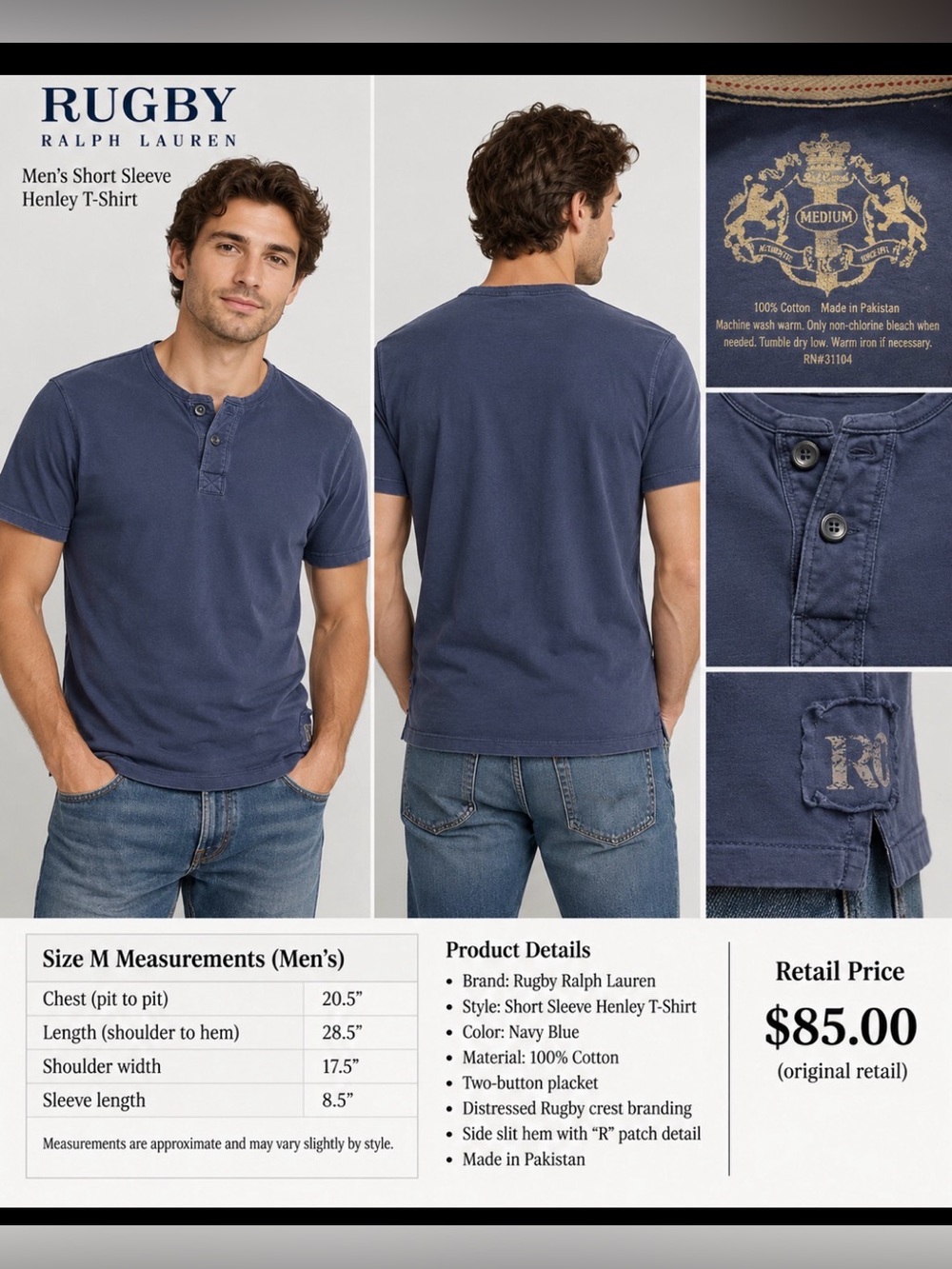 Rugby Ralph Lauren Navy Henley Short Sleeve Shirt